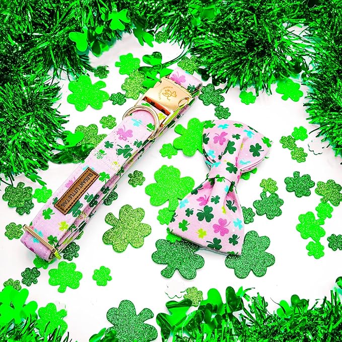 Elegant little tail St Patrick's Dog Collar, Lucky Colver Cotton Shamrock Pet Collar Trefoil Puppy Collar Bow Holiday Adjustable Cotton Pet Collar with Bow for Small Medium Large Dogs