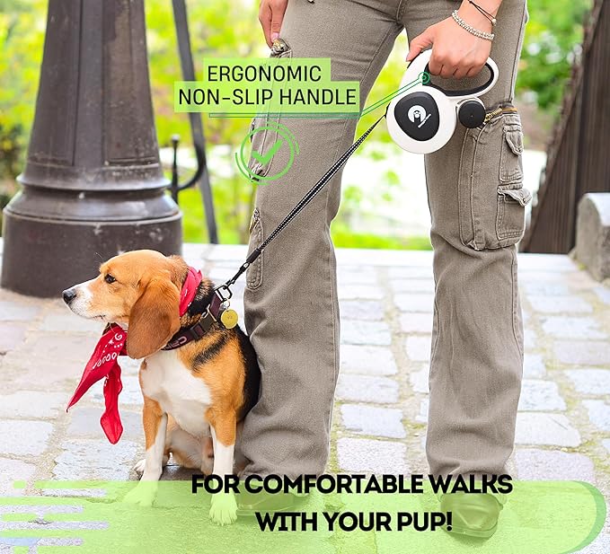 Snuggle Paws Retractable Dog Leash 16ft Heavy-Duty – All-in-One for Medium Dogs up to 66 lbs, LED Flashlight & Reflective Tape, Chew-Proof Cable Extension, No-Tangle 360° Swivel, Poop Bag Holder