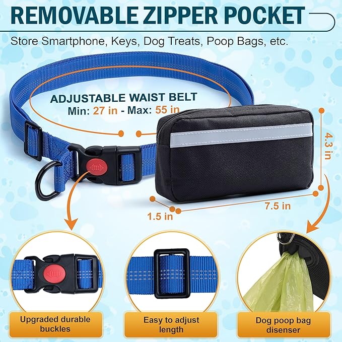Hands Free Dog Leash for 2 Dogs – Waist Leash for Dog Walking with Dual Bungee, Reflective No Pull Design, Adjustable Belt & Pouch for Running, Hiking, Jogging