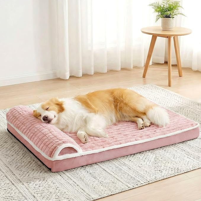 Orthopedic XL Dog Bed Large Sized Dog with Pillow 42''X28'', Waterproof Soft Comfortable Egg Crate Foam Pet Crate Beds Mat with Removable Washable Cover and Non-Slip Bottom, Pink