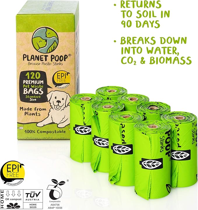 PLANET POOP Home Compostable Dog Poop Bags on Refill Rolls, 120 Un-Scented Pet Waste Bags, Thick Leakproof Plant-Based Doggy Bag, Cat & Dogs Supplies