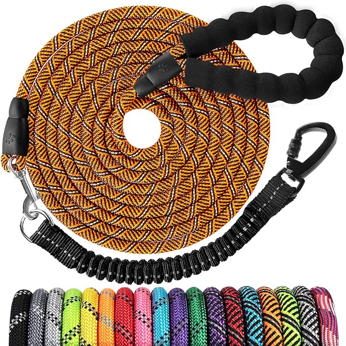 Long Dog Leash 15 FT: Heavy Duty Rope Leashes for Dogs Training with Swivel Lockable Hook Reflective Threads Bungee and Padded Handle - Dog Lead for Large Small Medium Dogs Outside Walking Hiking