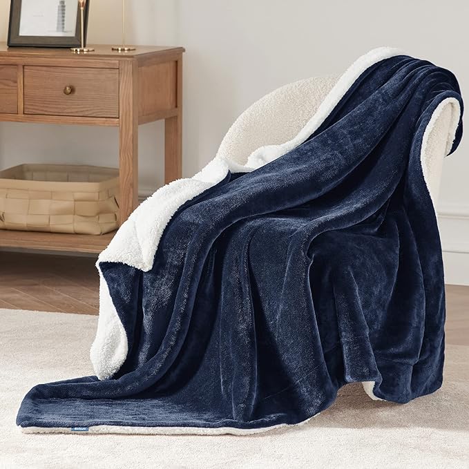 Bedsure GentleSoft Sherpa Fleece Throw Blanket for Couch, Non-Heated, Thick and Warm Throw for Women and Men, Soft Fuzzy Plush Blanket for Winter, Navy, 50x60 Inches