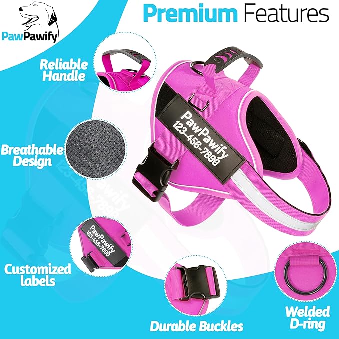 PawPawify Personalized No Pull Dog Harness with 2 Custom Name & Phone Patches, Reflective Breathable Pet Vest for Walking Training, Adjustable Heavy Duty Service Dog Vest for Small Medium Large Dogs