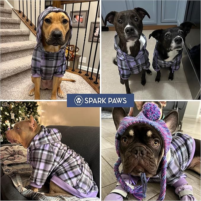 Spark Paws Dog Hoodie – Premium Dog Sweater for Small, Medium, and Large Dogs | Warm Outfits for French Bulldogs, Pitbull, Puppy, Winter Jacket Alternative - Purple Plaid - XL