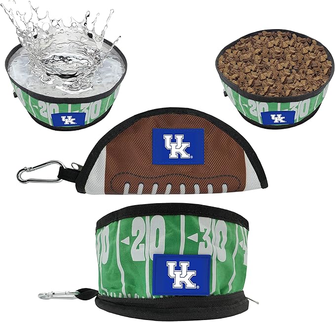 Pets First NCAA Kentucky Wildcats Collapsible Dog Travel Bowl, Food and Water Bowl for Dogs & Cats. Lightweight Leak-Proof Pet Bowl for Travel with Football Field & Pebble-Grain Design