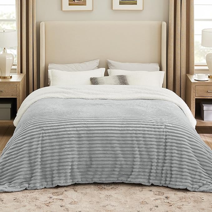 Bedsure Sherpa Blanket Queen Size for Bed - Super Soft, Cozy Fleece Thick Warm Blanket for Winter, GentleSoft Home Room Decor, Grey, 90x90 Inches