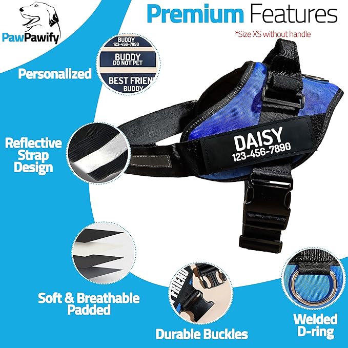 PawPawify Personalized No Pull Dog Harness with 2 Custom Name & Phone Patches, Reflective Breathable Pet Vest for Walking Training, Adjustable Heavy Duty Service Dog Vest for Small Medium Large Dogs