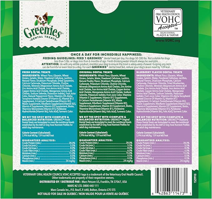 Greenies Dog Treats, Veterinarian-Recommended Natural Dental Dog Treats, Large Size, Variety Pack Flavor, (3) 12 oz. Packs, 24 Count