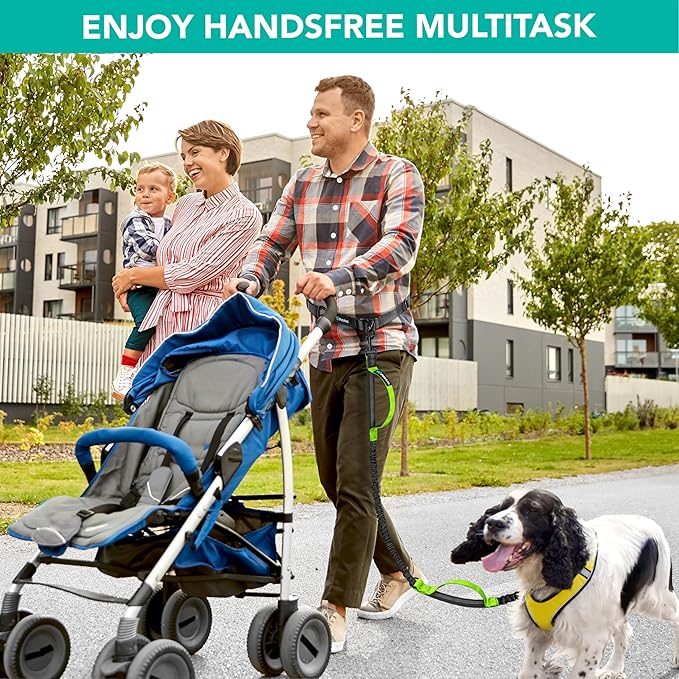 PetAmi Heavy Duty Hands Free Dog Leash, Adjustable Waist Belt for Large Dog Walking Up to 125 lbs, Bungee Leash for Pet Running, Hiking, Reflective Safety for Jogging, Biking, Green Handle