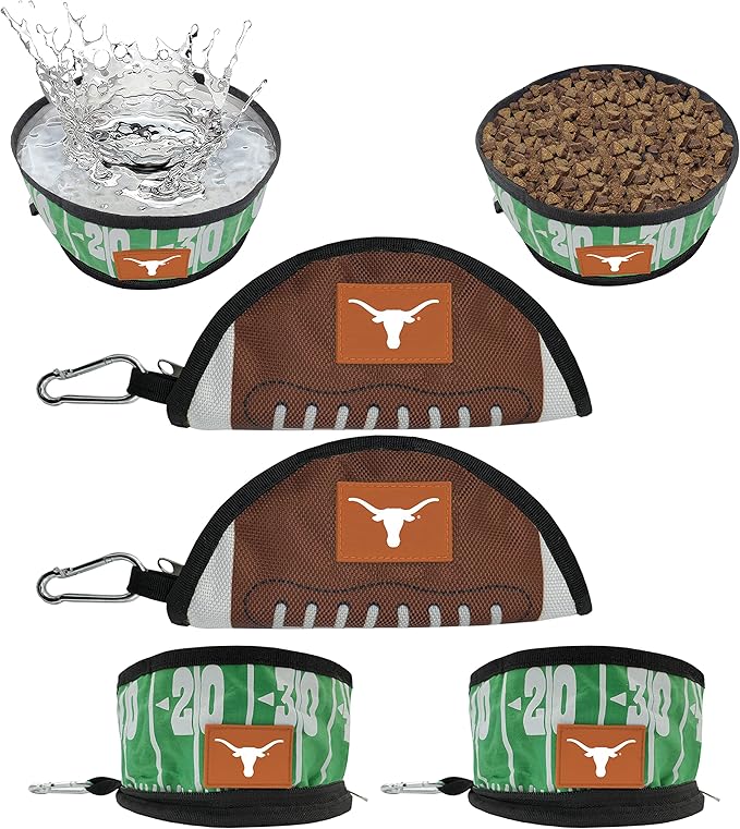 Pets First NCAA Texas Longhorns Collapsible Dog Travel Bowl Set, 2 Pack Food & Water Bowls for Dogs, Best Portable & Lightweight Leak-Proof Dog Bowls for Travel