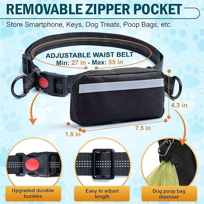 Hands Free Dog Leash for 2 Dogs – Waist Leash for Dog Walking with Dual Bungee, Reflective No Pull Design, Adjustable Belt & Pouch for Running, Hiking, Jogging