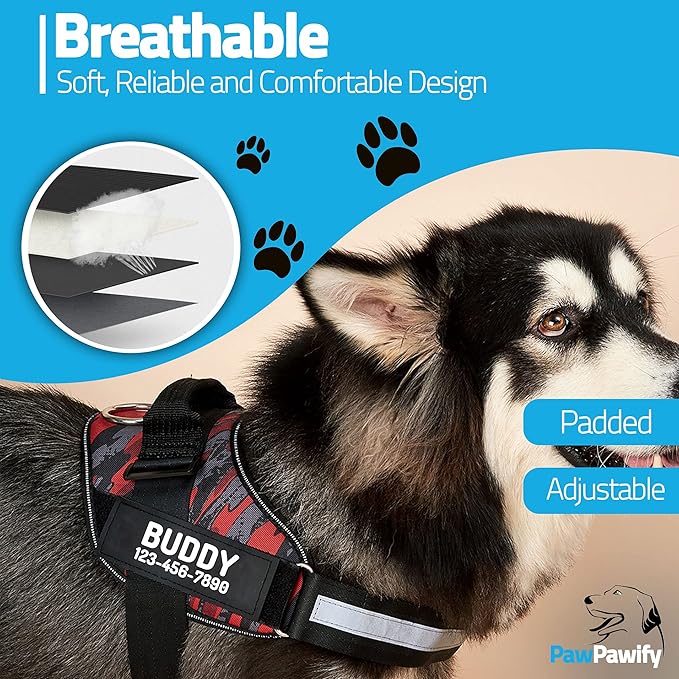 PawPawify Personalized No Pull Dog Harness with 2 Custom Name & Phone Patches, Reflective Breathable Pet Vest for Walking Training, Adjustable Heavy Duty Service Dog Vest for Small Medium Large Dogs