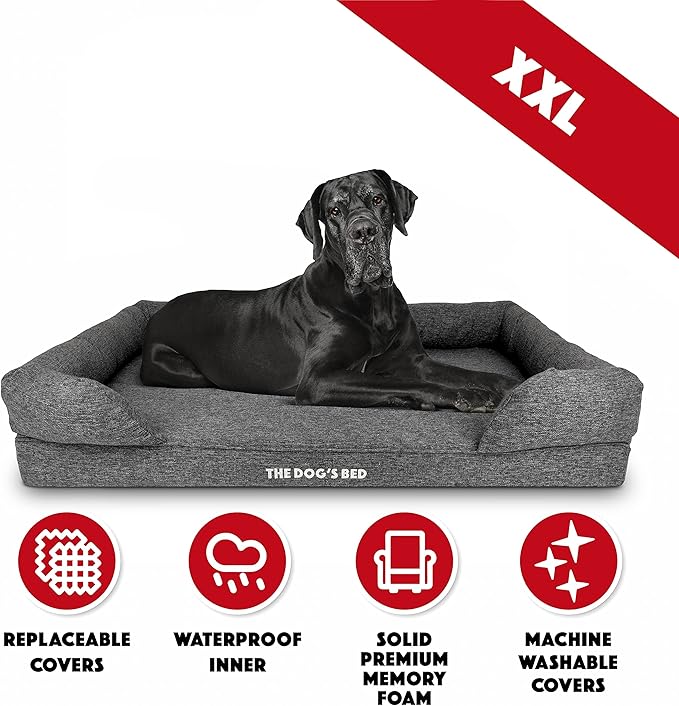 The Dog’s Bed Orthopedic Memory Foam Dog Bed with Bolsters, Largeinen Fabric, Grey Linen, XXL