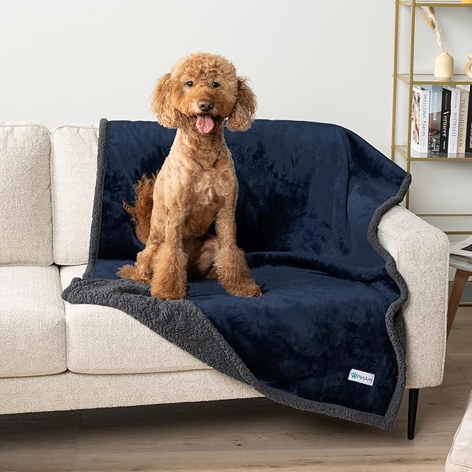 PetAmi Waterproof Dog Blanket for Queen Bed Large XL Dog Throw for Couch Cover Leakproof Furniture Protection, Sherpa Fleece, Reversible Soft Washable 90x90 Navy Gray