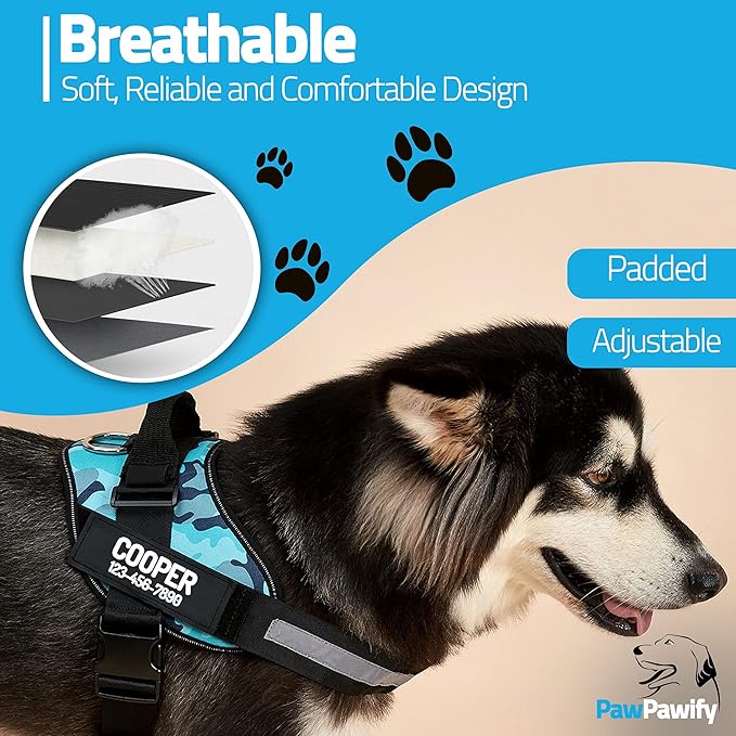 PawPawify Personalized No Pull Dog Harness with 2 Custom Name & Phone Patches, Reflective Breathable Pet Vest for Walking Training, Adjustable Heavy Duty Service Dog Vest for Small Medium Large Dogs