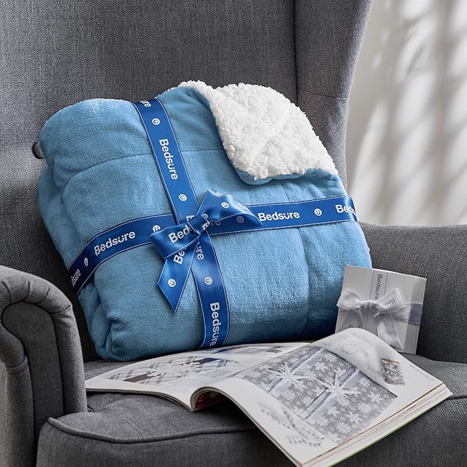 Bedsure GentleSoft Sherpa Fleece Throw Blanket for Couch, Non-Heated, Thick and Warm Throw for Women and Men, Soft Fuzzy Plush Blanket for Winter, Washed Blue, 50x60 Inches