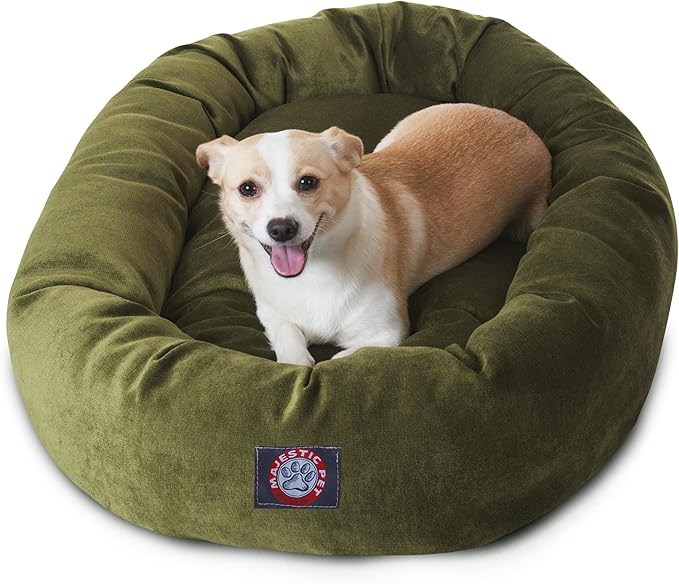 Majestic Pet 32 Inch Micro Velvet Calming Dog Bed Washable – Cozy Soft Round Dog Bed with Spine for Head Support - Fluffy Donut Puppy Mat 32x23x7 (inch) Medium – Fern