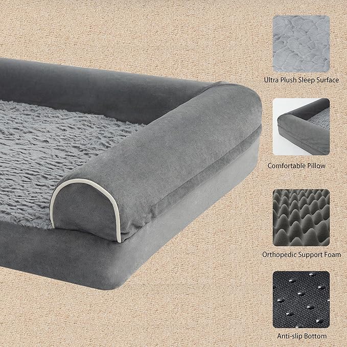 Orthopedic Dog Bed for Large Dogs - Egg Foam Sofa Bed with Waterproof Lining, Removable Washable Cover, Nonskid Bottom - XL 42x30x7.5Inch, Grey