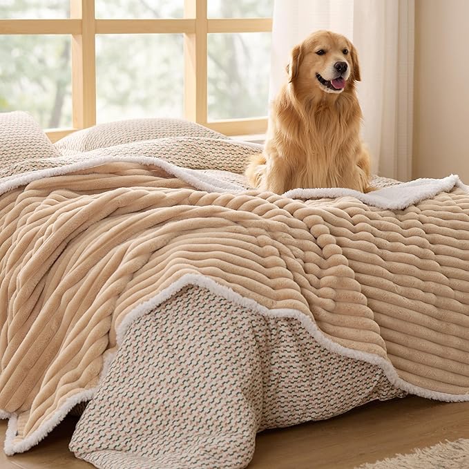Bedsure ComfyFleece Waterproof Dog Blankets for Large Dogs - Soft Pet Cat Blanket Corduroy Fleece for Bed Protector Washable, Cozy Calming Reversible Furniture Protection,60"x80", Tuscan Beige