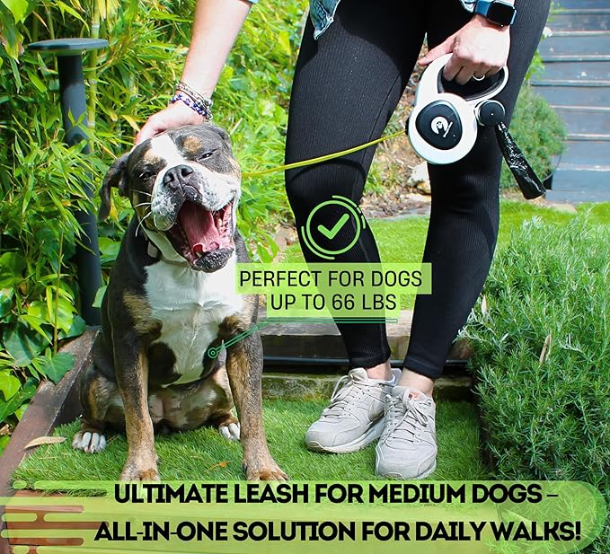 Snuggle Paws Retractable Dog Leash 16ft Heavy-Duty – All-in-One for Medium Dogs up to 66 lbs, LED Flashlight & Reflective Tape, Chew-Proof Cable Extension, No-Tangle 360° Swivel, Poop Bag Holder