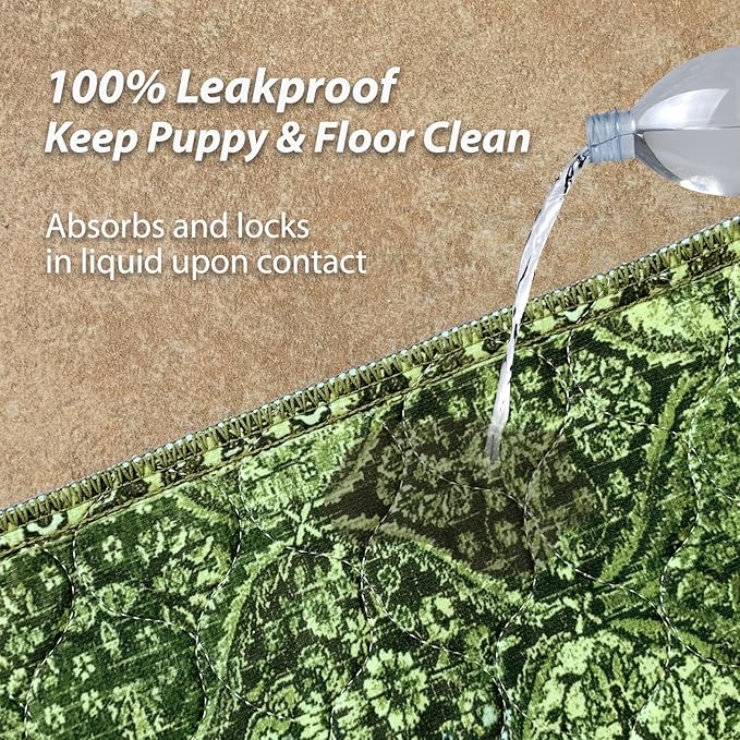 nunubaby Washable Pee Pads for Dogs, Stylish, Non-Slip and Leak-Proof Pee Pads. Reusable Potty Pads for Dogs for Crates and Floors.(Green/Multi, 24" x36" )