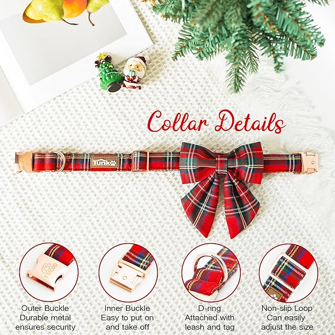 Tunkoo Christmas Dog Collar with Pretty Bow Tie - Red & Green Plaid Pet Collar, Adjustable Available in Small Medium Large, Gift for Girls Boys Dog, L