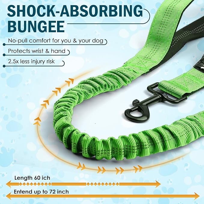 Hands Free Dog Leash with Waist Belt – No-Pull Bungee, Dual Padded Handles & Zipper Pouch for Running, Walking & Training – Adjustable Waist Leash for Large & Medium Dogs