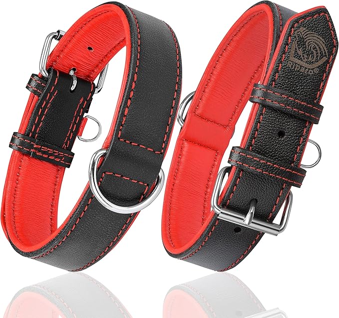 Riparo Adjustable Leather Dog Collar - Heavy Duty Wide Dog Collar for Small, Medium, Large and Extra Large Dogs with Dog Tag Holder (XXL: 2” Wide for 24”-29” Neck, Black/Red Thread)