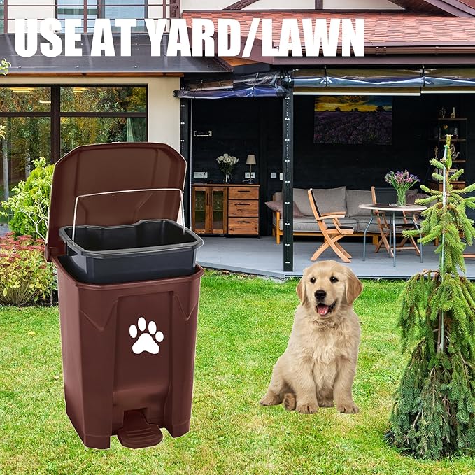 tebiete Dog Poop Trash Can Outdoors Pet Waste Station with Lid Dog Waste Disposal Container with Removable Inner Bin Bucket Hands-Free Pedal Garden Yard Home with Waste Bags, Brown