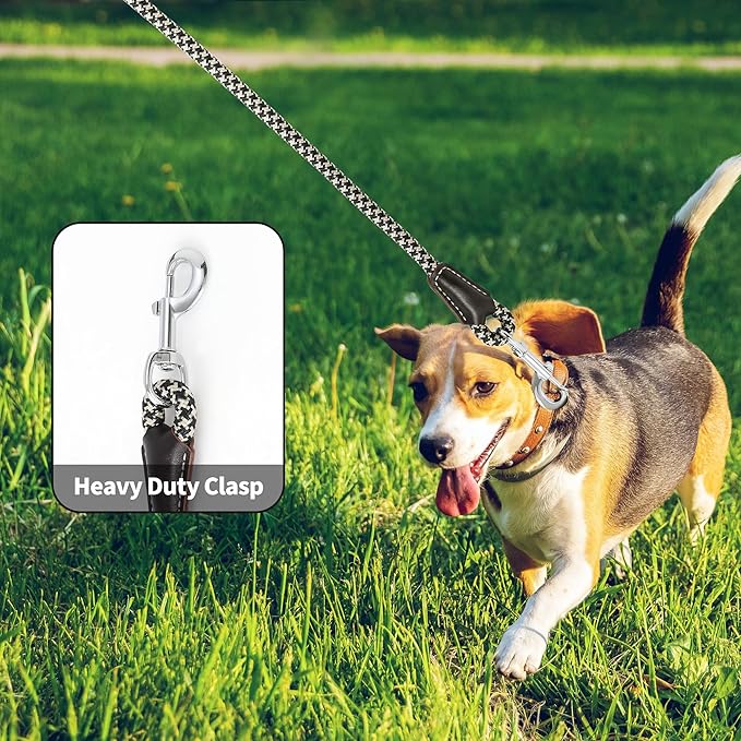 Mile High Life Genuine Leather Wrapped Handle Dog Leash, w Heavy Duty Clasp Rope Leash for Small Medium Large Dogs (Black Khaki, 6FT)