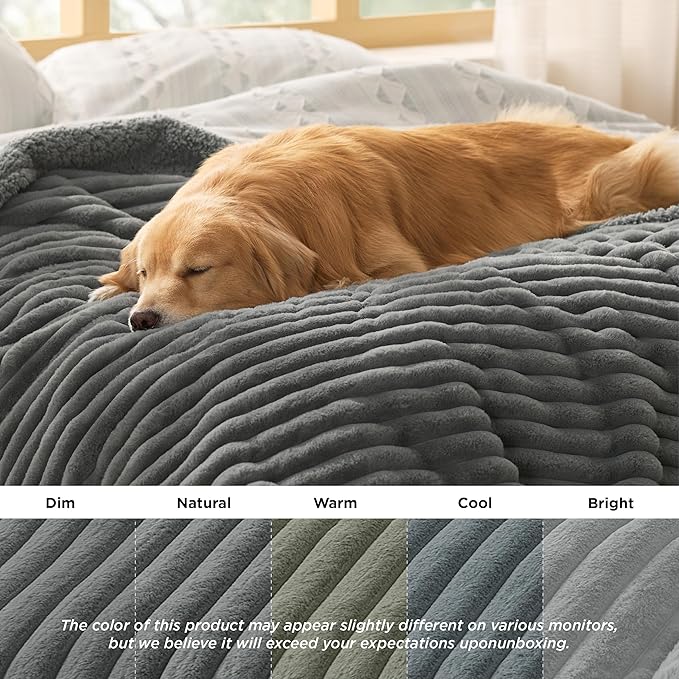 Bedsure ComfyFleece Waterproof Dog Blankets for Large Dogs - Soft Pet Cat Blanket Corduroy Fleece for Bed Protector Washable, Cozy Calming Reversible Furniture Protection,60"x80", Warm Grey
