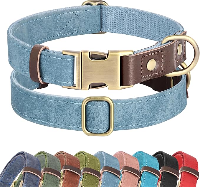 Didog Soft PU Leather Dog Collars for Medium Dogs,Classic Adjustable Dog Collars with Quick Release Metal Buckle,Easy Clean and Comfortable with Nylon Lining,Denim Blue,M Neck 14-19"
