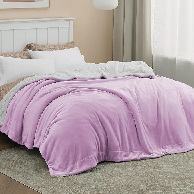 Bedsure GentleSoft Sherpa Fleece Blanket Queen Size for Bed, Non-Heated, Thick and Warm Throw for Girls and Women, Soft Fuzzy Plush Queen Blanket for Winter, Lilac, 90x90 Inches