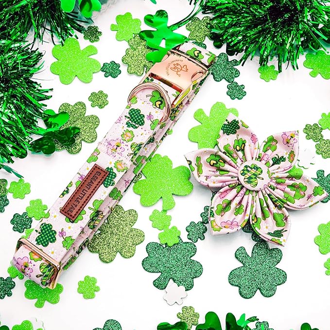 Elegant little tail St Patrick's Dog Collar with Flower Pink Cute Colver Cotton Shamrock Pet Collar Trefoil Puppy Collar Flower Holiday Adjustable Cotton Pet Collar for Small Medium Large Dogs