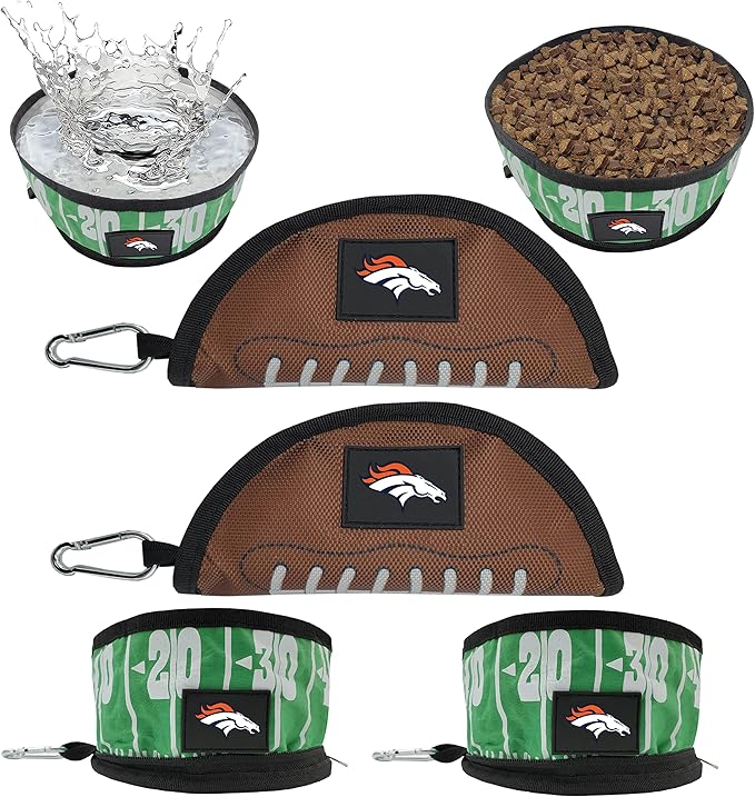 NFL Denver Broncos Pets First Collapsible Dog Travel Bowl Set, 2 Pack Food and Water Bowls for Dogs, Best Portable & Lightweight Leak-Proof Dog Bowls for Travel