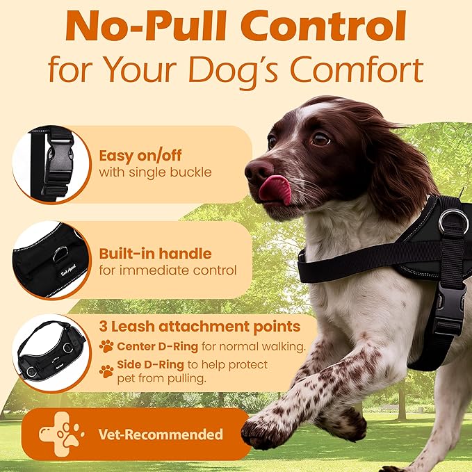 Bark Appeal Black No-Pull Dog Harness for Large to Extra Large Sized Pets – Adjustable, Reflective Vest with 3 Leash Clips for Added Control, Easy Walks & Training – XL