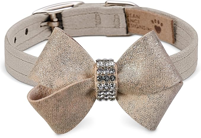 Susan Lanci Designs Ultrasuede Premium Dog Collar with Nouveau Bow, Champagne Glitzerati, XX-Small