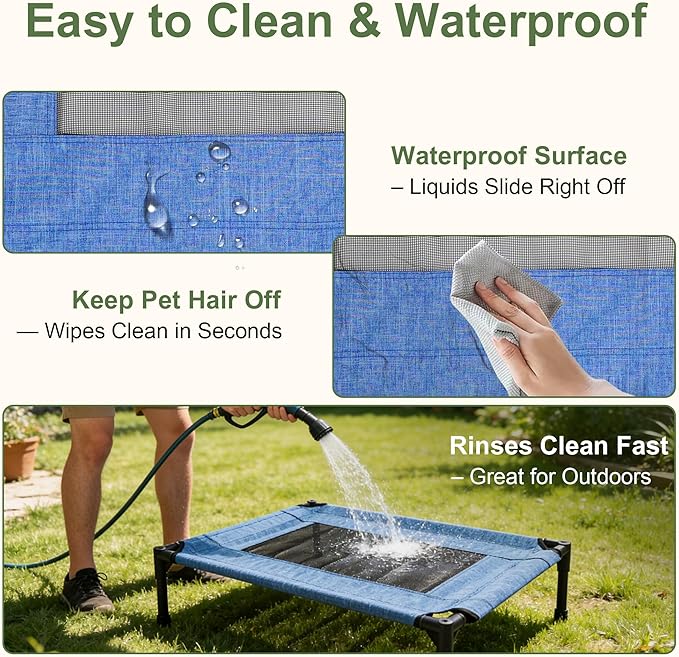 Elevated Outdoor Dog Bed, Raised Pet Cot for Medium and Large Dogs, Cooling Breathable Mesh, Durable Sturdy Frame, Washable Cover, Portable and Easy to Assemble Indoor/Outdoor Pet Bed, Blue, S