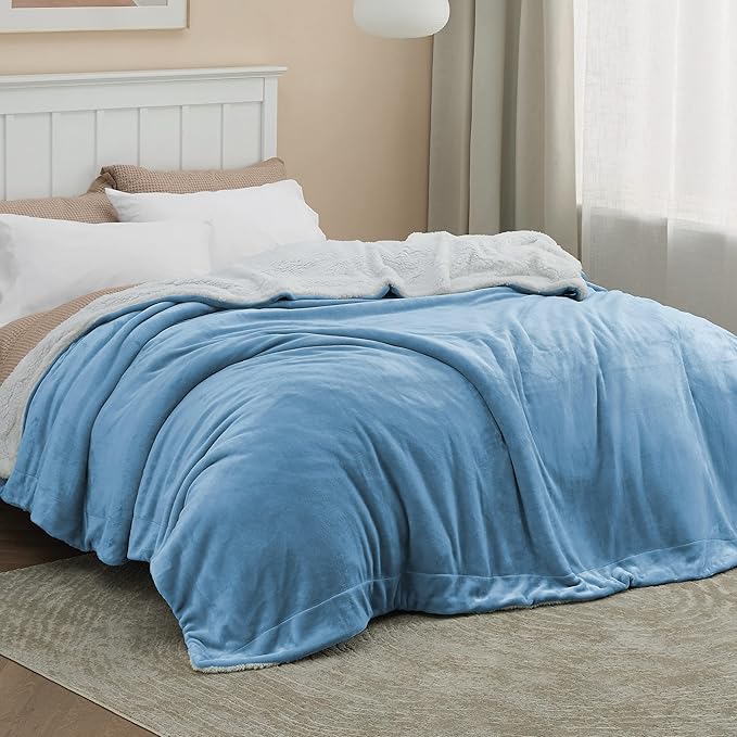 Bedsure GentleSoft Sherpa Fleece Blanket Queen Size for Bed, Non-Heated, Thick and Warm Throw for Women and Men, Soft Fuzzy Plush Queen Blanket for Winter, Washed Blue, 90x90 Inches