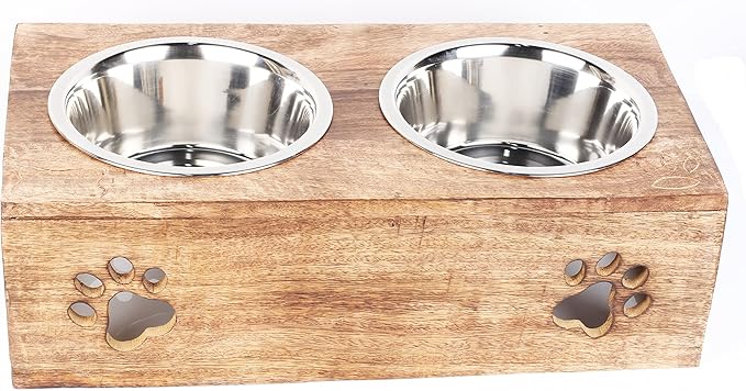 Paw Design Wooden Pet Feeder Station Stand with 2 Stainless Steel Bowls | Raised Dog Bowl Elevated Cat & Puppy Dining Table | 16 x 8.5 x 5 Inches