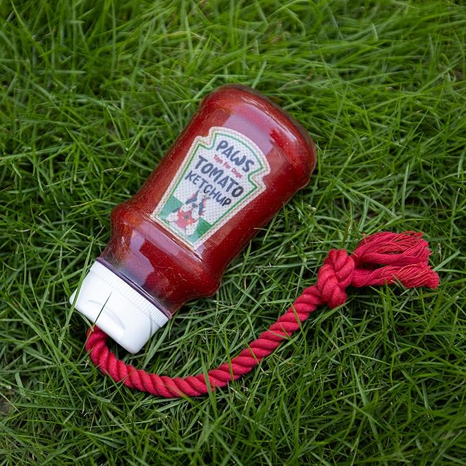 Fuzzl TPR Ketchup Bottle Rubber Dog Toy with Rope – Durable Chew & Tug Toy for Small, Medium & Large Dogs – Tough – Interactive Fetch, Tug-of-War & Dental Health Play