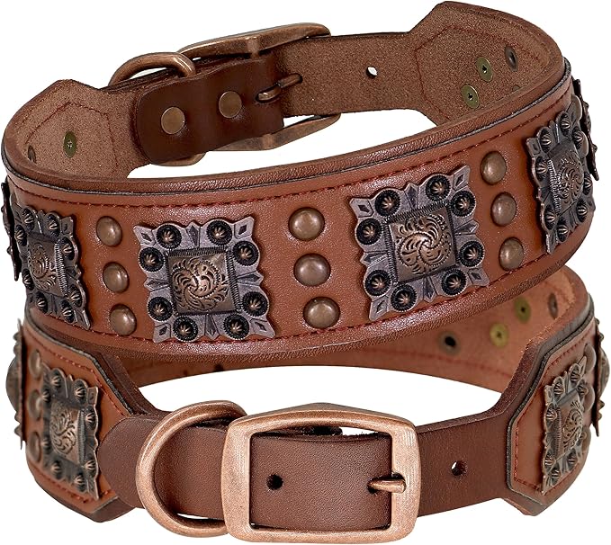 PET ARTIST Genuine Leather Dog Collar for Large Dogs, 2 inch Wide Dog Collar Leather with Rivet Studded & Metal Buckle, Soft Padded & Hand Made for Great Dane Rottweiler,Brown,Neck 22-25"