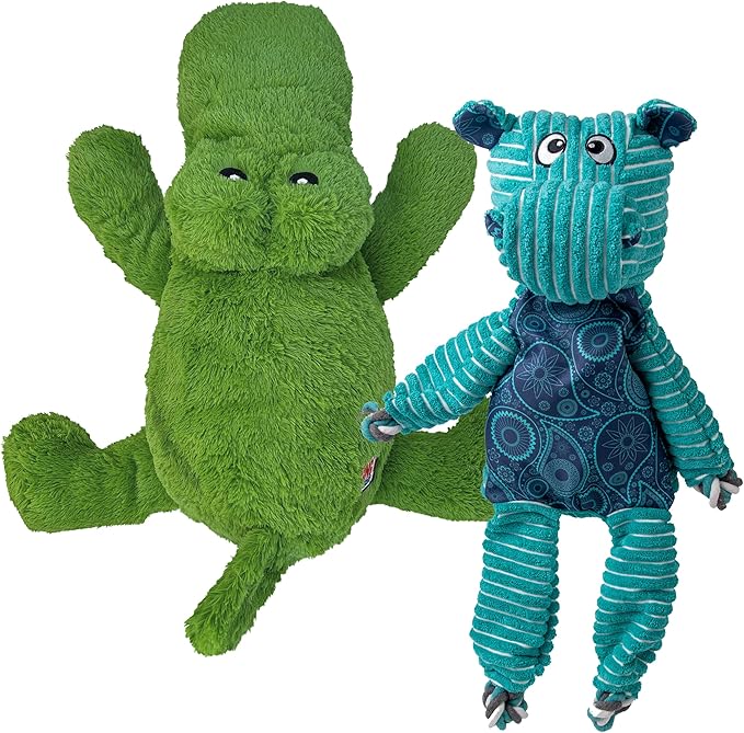 KONG XL 2 Pack - Soft Plush Dog Toy for Large Breeds - Durable, Cuddly & Squeaky - Perfect for Play & Comfort (Alligator/Hippo)