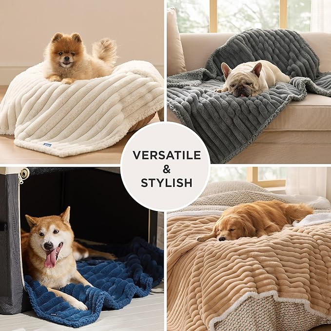 Bedsure ComfyFleece Waterproof Dog Blankets for Large Dogs - Soft Pet Cat Blanket Corduroy Fleece for Bed Protector Washable, Cozy Calming Reversible Furniture Protection,60"x80", Navy Blue
