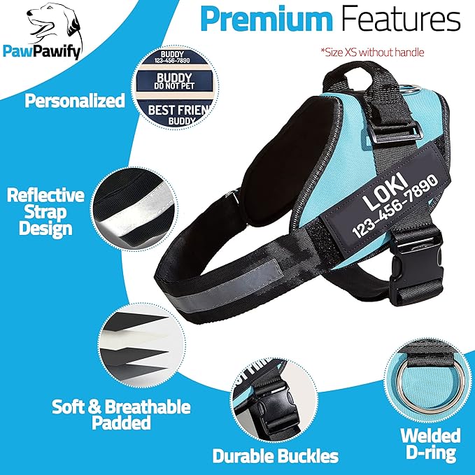 PawPawify Personalized No Pull Dog Harness with 2 Custom Name & Phone Patches, Reflective Breathable Pet Vest for Walking Training, Adjustable Heavy Duty Service Dog Vest for Small Medium Large Dogs