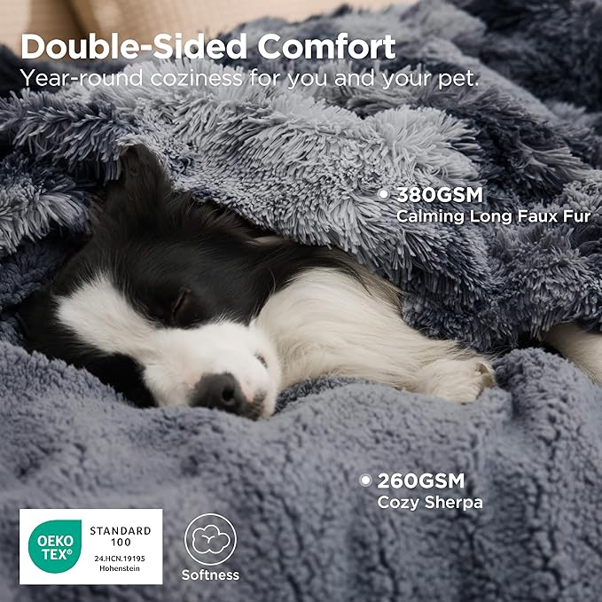 Bedsure Waterproof Dog Blankets for Large Dogs - Cat Blanket for Couch Protector Washable Long Faux Fur,Calming Soft Reversible Throw Furniture Protection for Puppy Pet, 50"x60", Tie-dye Grey