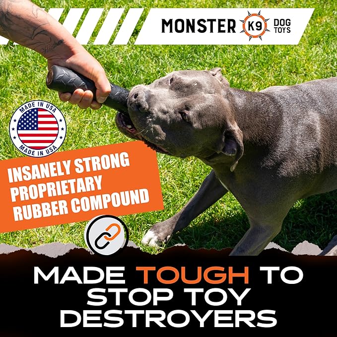 Monster K9 Indestructible Stick Dog Toy - Lifetime Replacement - Durable for Aggressive Chewers - Safe Non-Toxic Natural Rubber - Chew, Tug & Fetch - Tough, Heavy Duty - USA Made - Solid-Core, 9" x 2"