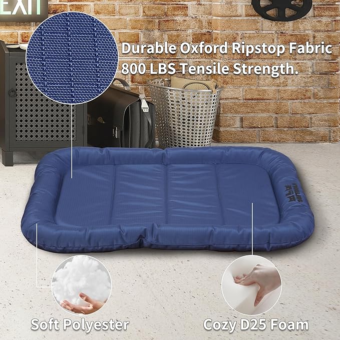Durable Outdoor Dog Bed with Pillow Around Curling Sleep Fully Waterproof Indoor Cat Bed Crate Mat Stable Kennel Pad, for Pets (Blue, Large(35x21in))