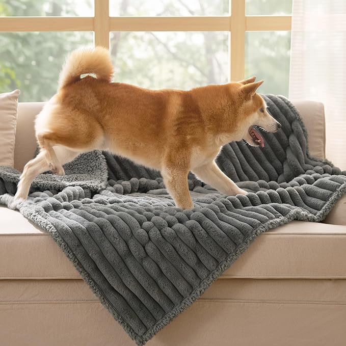 Bedsure ComfyFleece Waterproof Dog Blankets for Large Dogs - Soft Pet Cat Blanket Corduroy Fleece for Couch Protector Washable, Cozy Calming Reversible Furniture Protection,40"x50", Warm Grey